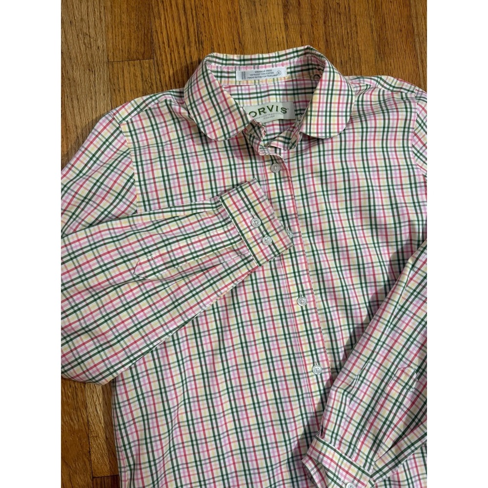 Orvis Women's Size 6 Long Sleeve Plaid Button Down Shirt Pink Green White Cotton